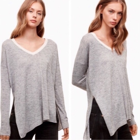 Aritzia Wilfred V-neck Side Slit Contrast Collar Lightweight Sweater S Grey - Picture 1 of 8